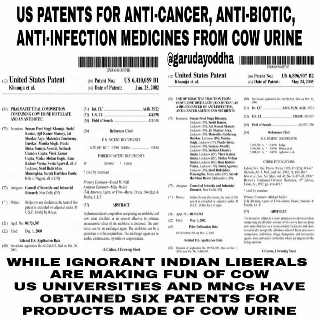 US  granted patents to Council of Scientific and Industrial Research for research on medicinal uses of cow urine. 