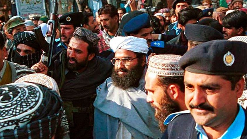 JeM chief Masood Azhar (center) was listed as a “global terrorist” by the UN.