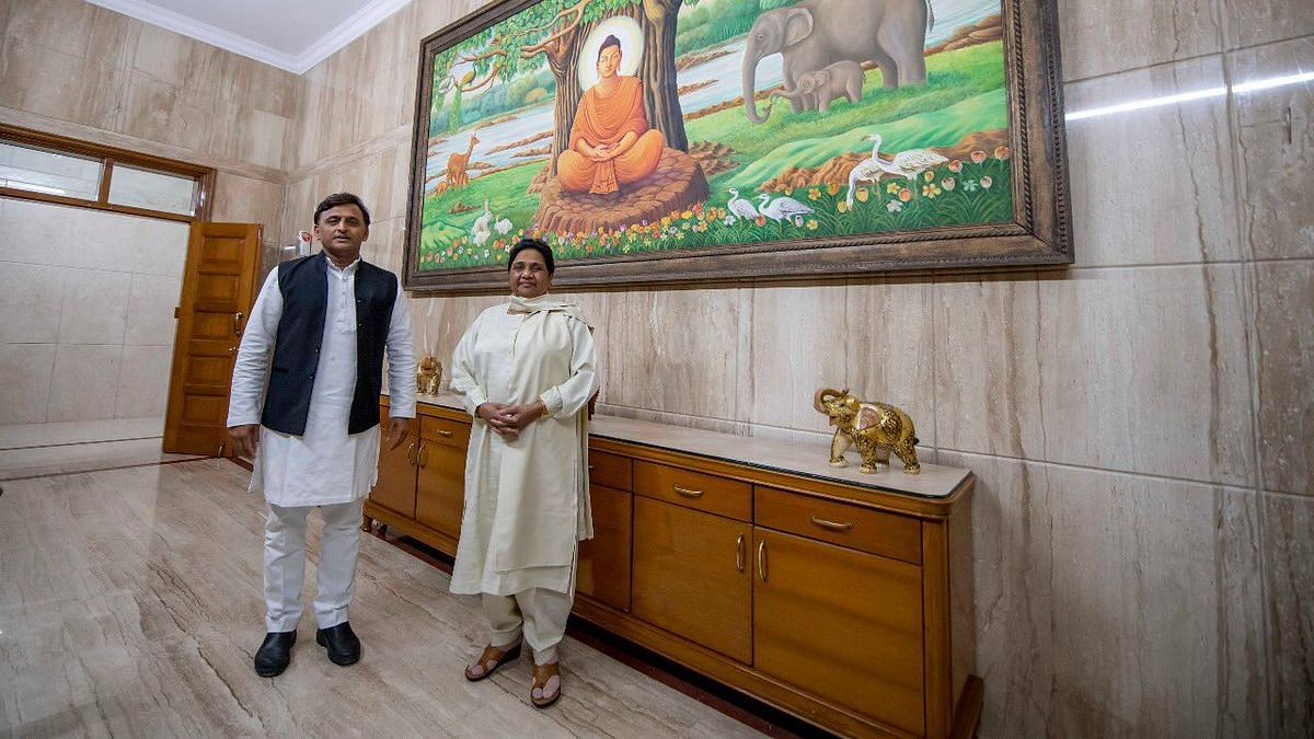 Akhilesh Yadav with Mayawati in Lucknow.