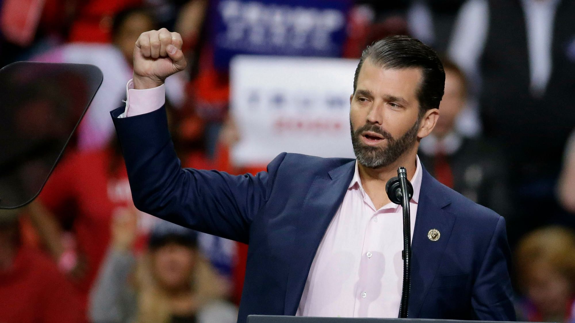 Donald Trump Jr speaks ahead of his father President Donald Trump at a Make America Great Again rally Saturday, 27 April 2019, in Green Bay, Wis.&nbsp;