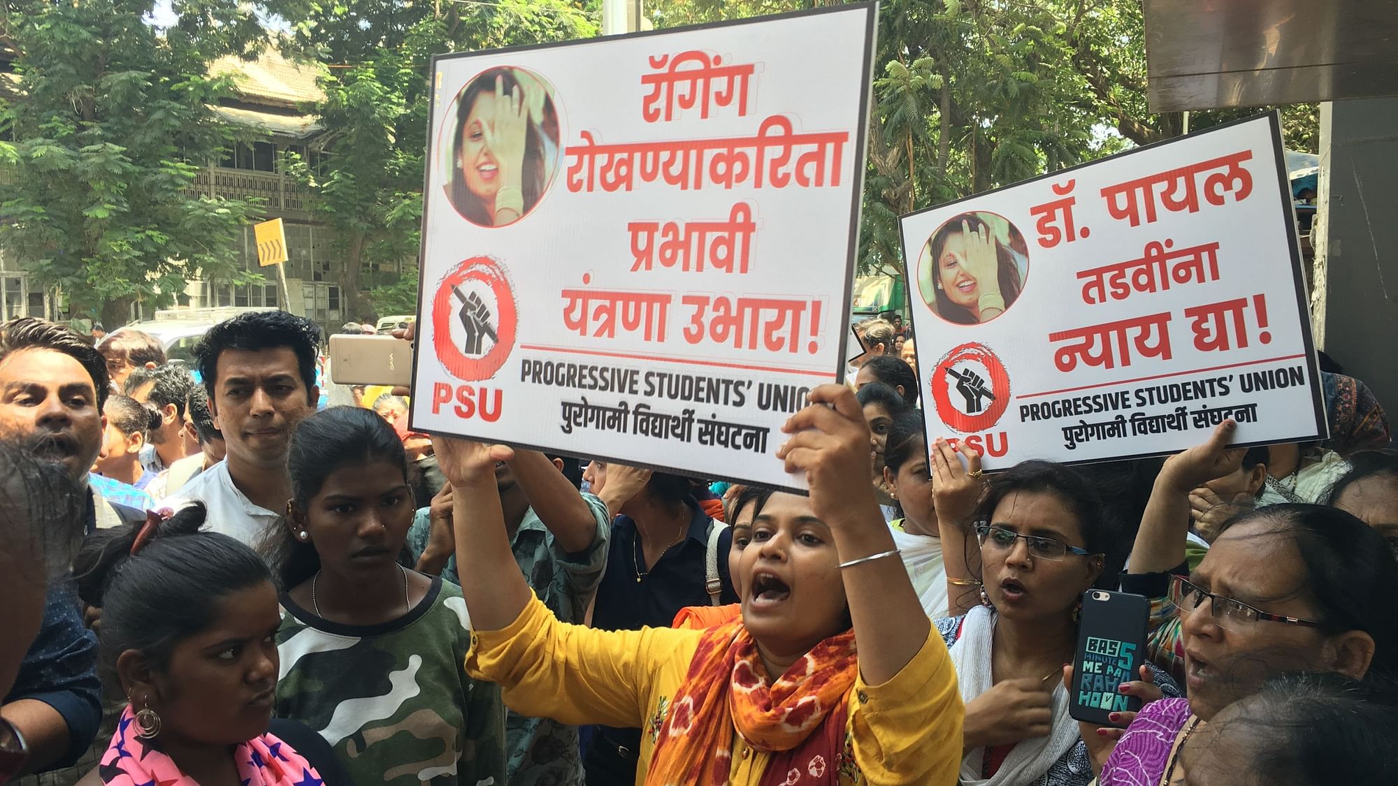 Protestors demonstrate outside Nair Hospital over Dr Payal Tadvi’s suicide.