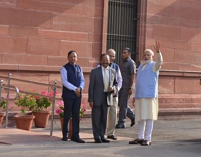 New Delhi: Prime Minister Narendra Modi arrives to chair the first cabinet meeting after taking oath for a second consecutive term, at South Block in New Delhi on May 31, 2019. (Photo: IANS)