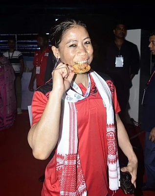 Guwahati: Indian woman boxer Mary Kom after winning gold medal in the finals at the second edition of India Open International Boxing Tournament 2019 at Nabin Chandra Bordoloi Stadium in Guwahati, on May 24, 2019. (Photo: IANS)