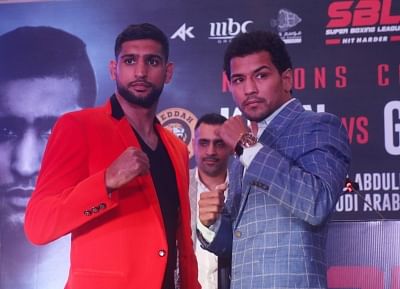 New Delhi: Indian boxer Neeraj Goyat and British boxer Amir Khan during a press conference ahead of their face off at the World Boxing Championship that will take place on July 12, 2019 at the King Abdullah Sports City in Jeddah, Saudi Arabia; in New Delhi on May 31, 2019. (Photo: IANS)
