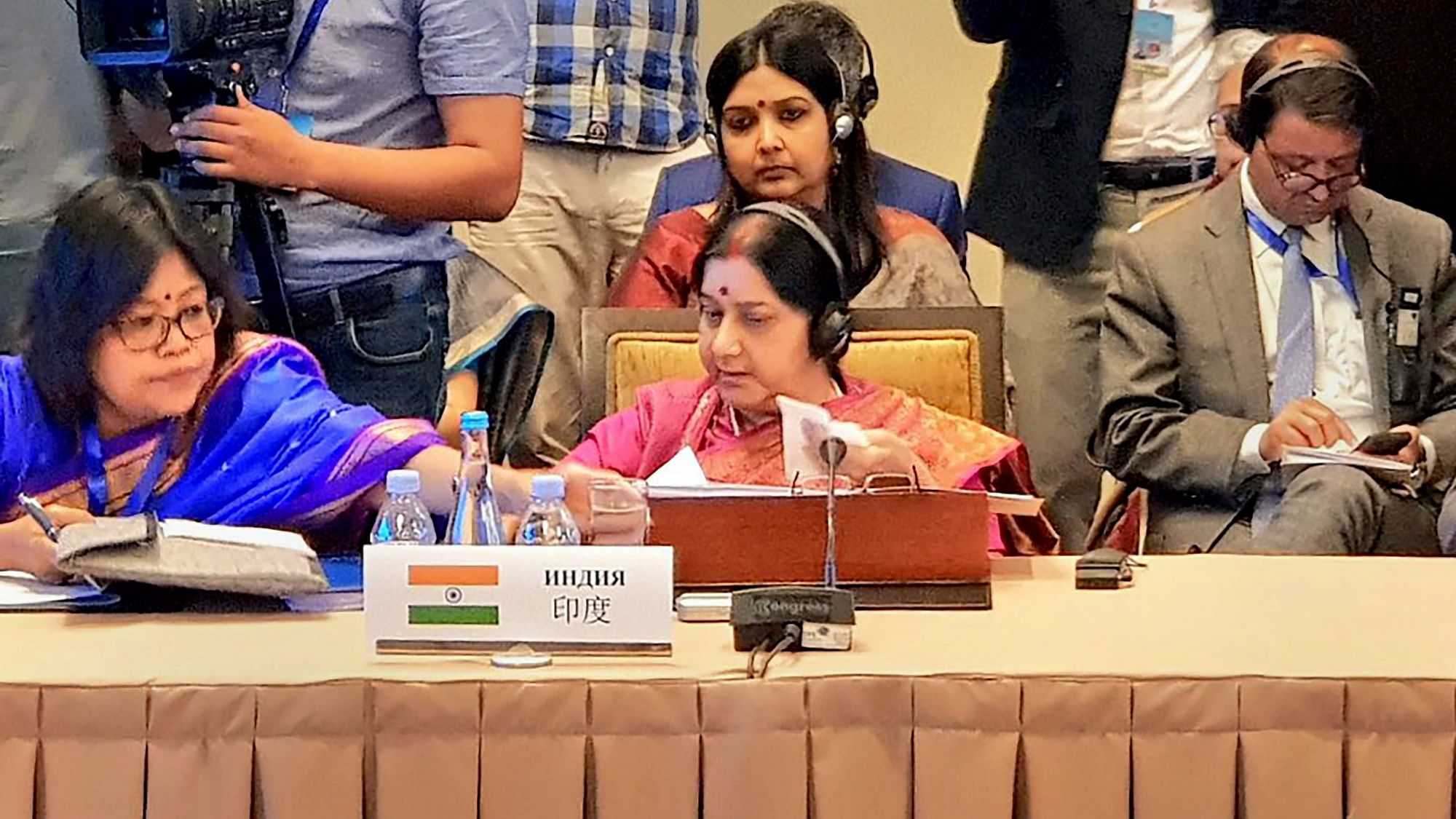  External Affairs Minister Sushma Swaraj delivers her statement at Shanghai Cooperation Organisation (SCO) Council of Foreign Ministers in Bishkek, Kyrgyzstan