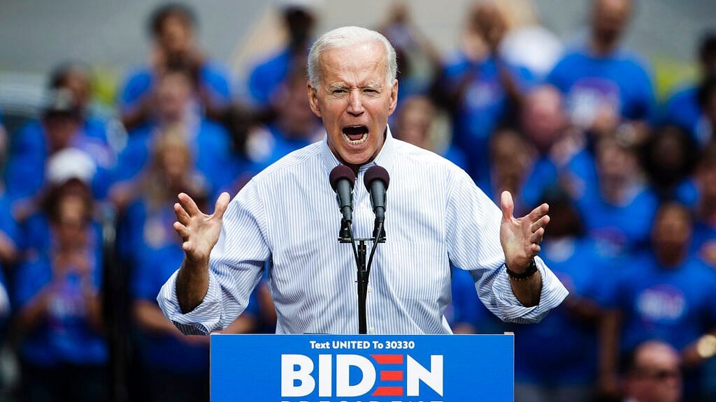 Democratic presidential candidate, former US Vice President Joe Biden speaks during a campaign rally at Eakins Oval in Philadelphia.
