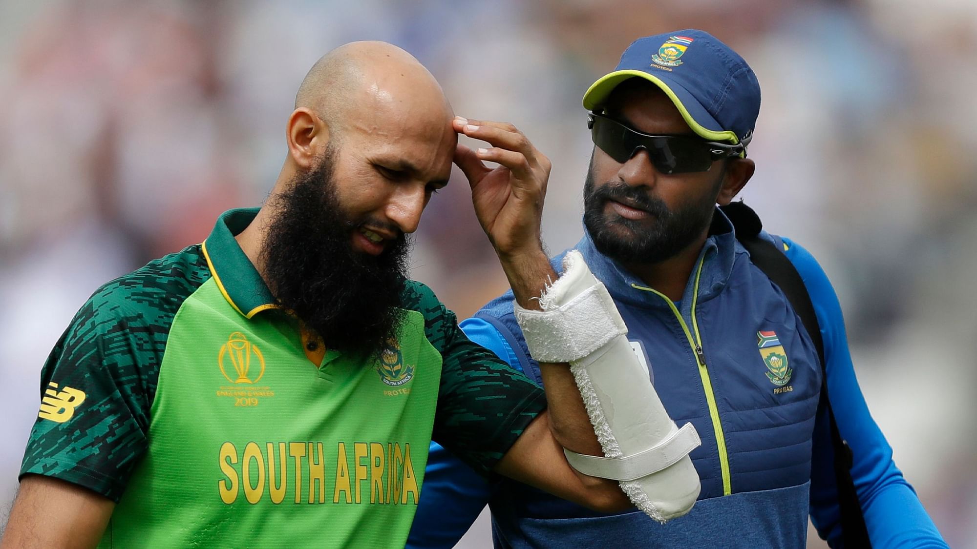 Hashim Amla had to leave the field after being hit on the helmet.&nbsp;