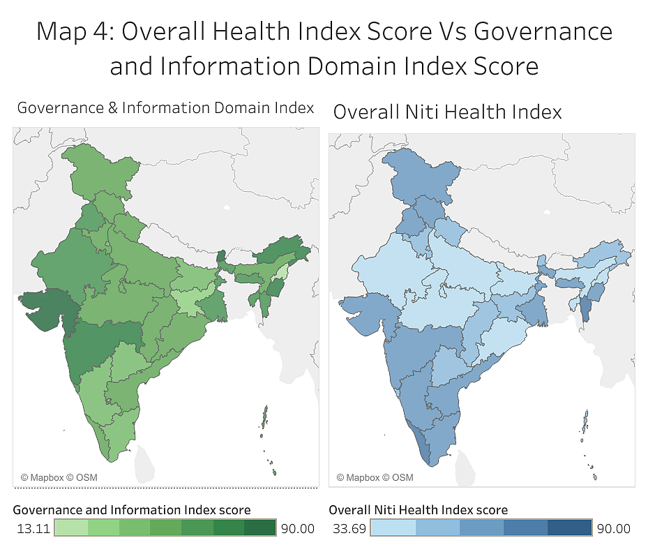 Map 4: Overall Health Index Score Vs Governance and Information Domain Index Score