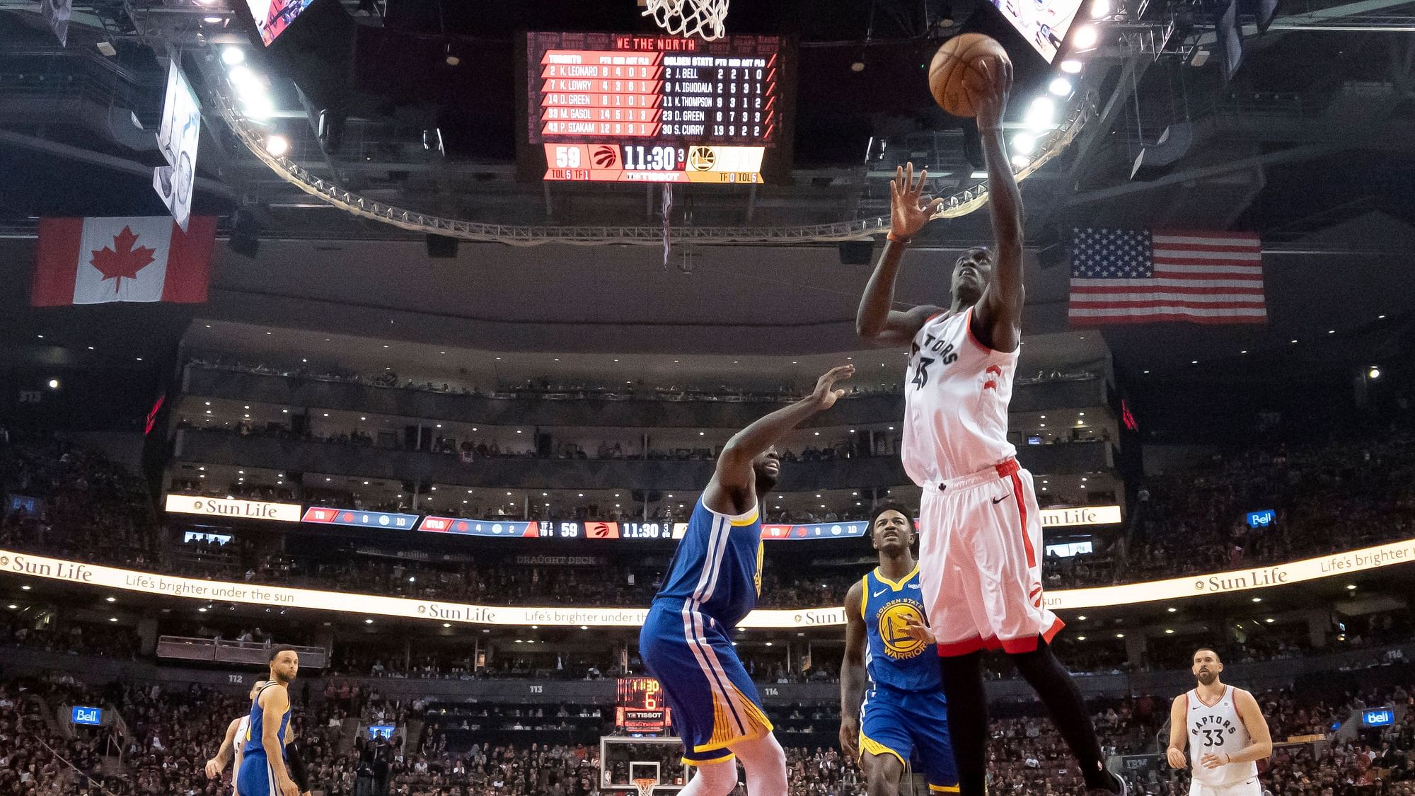 Toronto Raptors Pascal Siakam drives to the hoop against the Golden State Warriors during game 1 of the NBA Finals in Toronto on Thursday May 30, 2019.