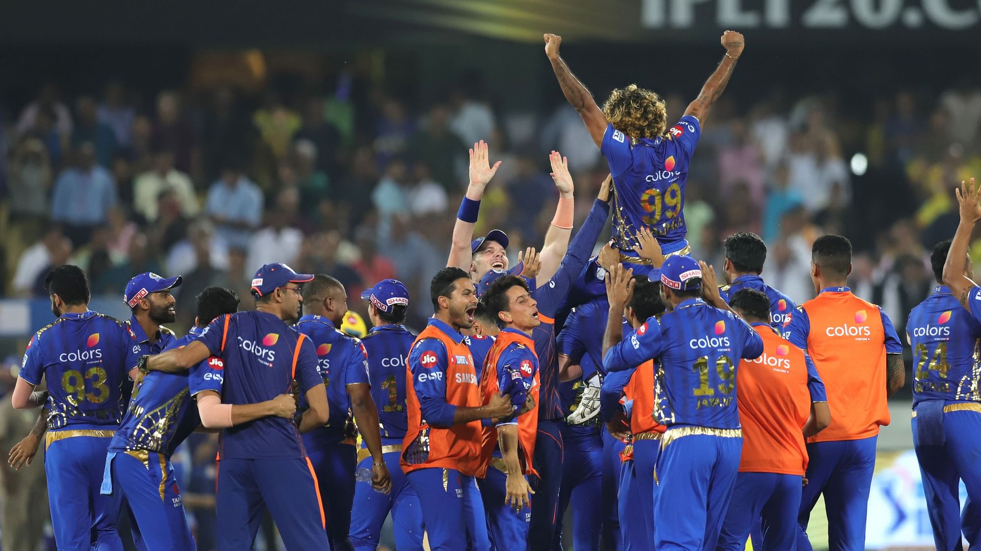 Mumbai Indians celebrate after winning the IPL 2019 final.