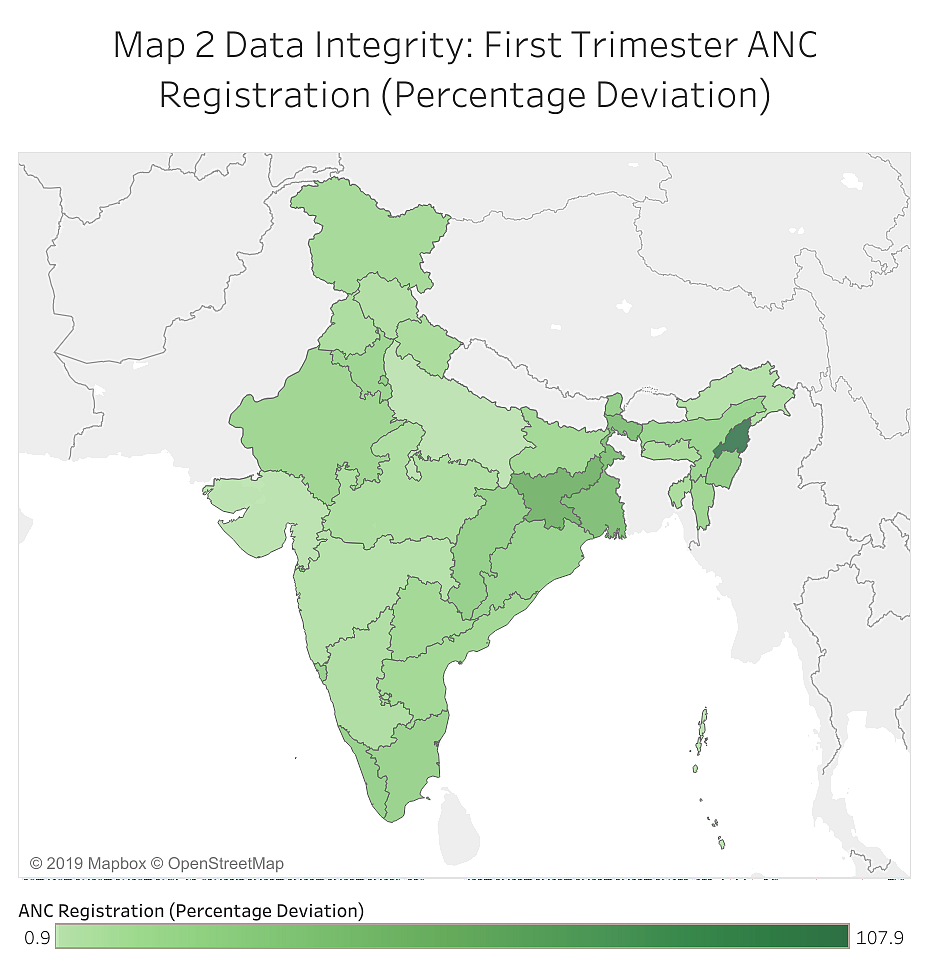 Map 2 Data Integrity: First Trimester ANC Registration (Percentage Deviation)