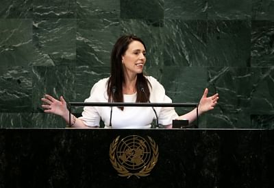 UNITED NATIONS, Sept. 28, 2018 (Xinhua) -- New Zealand Prime Minister Jacinda Ardern addresses the General Debate of the 73rd session of the United Nations General Assembly at the UN headquarters in New York on Sept. 27, 2018. (Xinhua/Qin Lang/IANS)