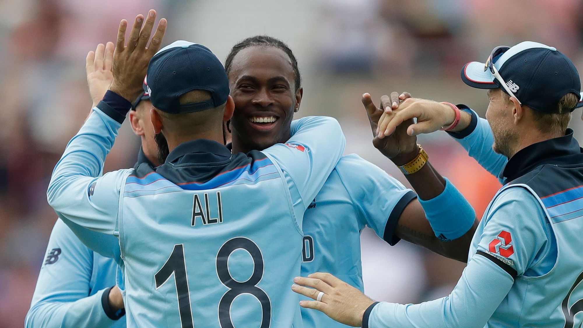 England’s Jofra Archer, second left, celebrates taking the wicket of South Africa’s Rassie van der Dussen during the World Cup cricket match between England and South Africa at The Oval in London, Thursday, May 30, 2019.&nbsp;