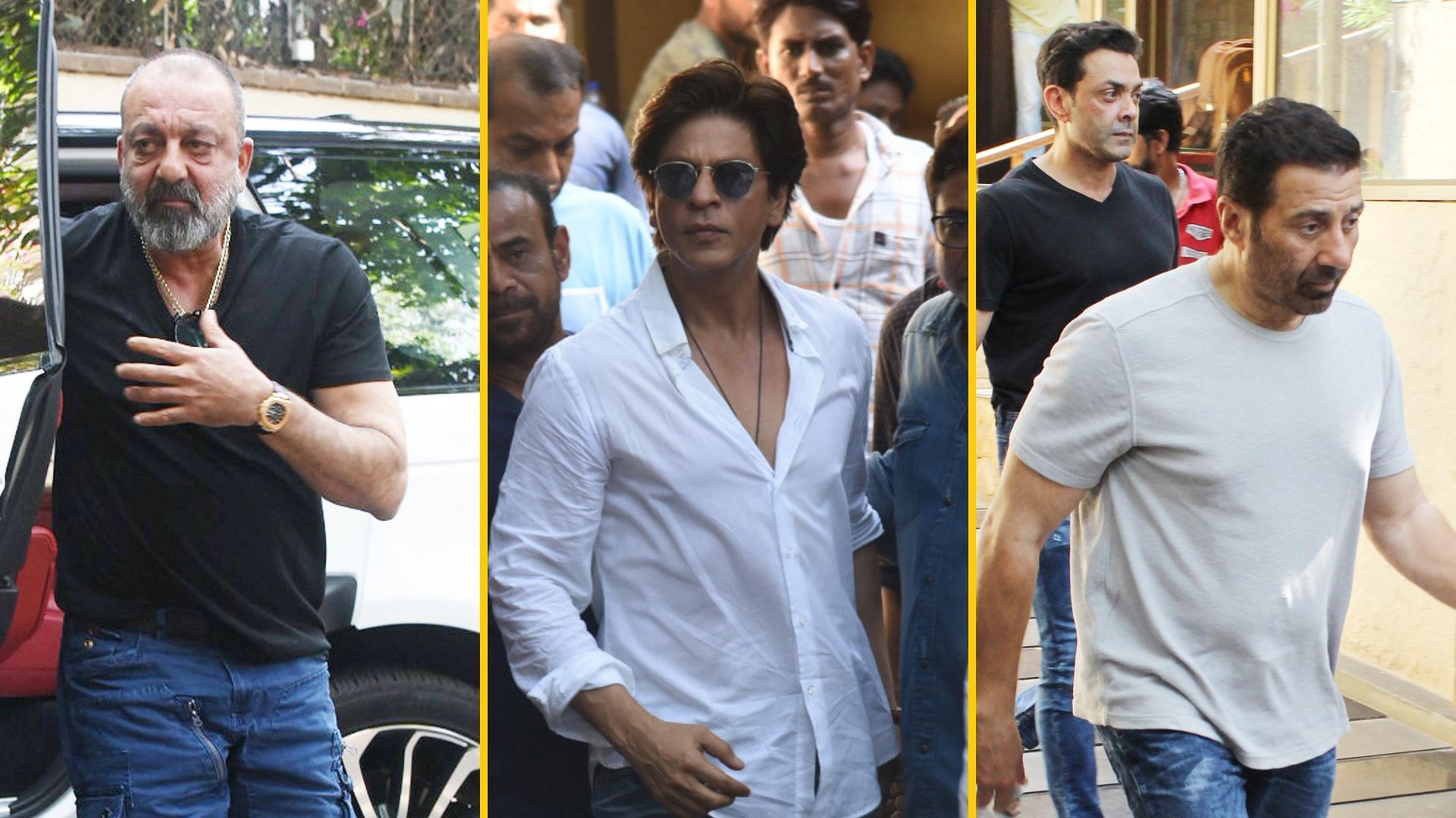 Sanjay Dutt, Shah Rukh Khan, and Bobby and Sunny Deol arrive to condole Veeru Devgan’s death.
