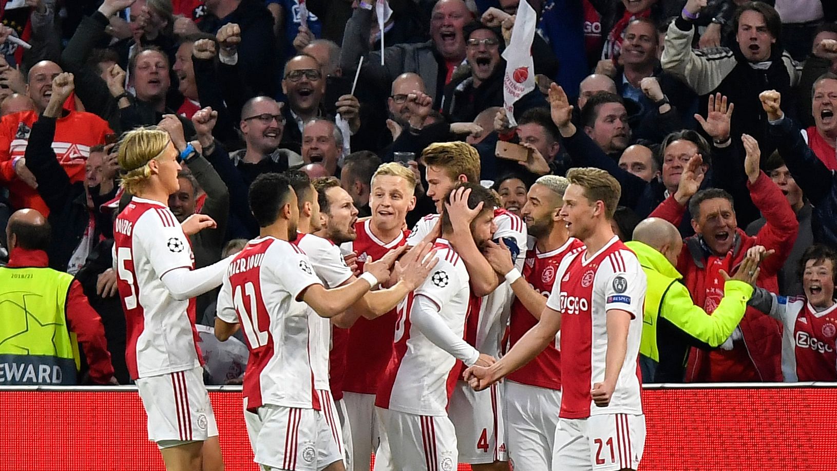 Ajax’s Matthijs de Ligt celebrates with teammates after scoring his side’s opening goal during the Champions League semifinal second leg soccer match between Ajax and Tottenham Hotspur.