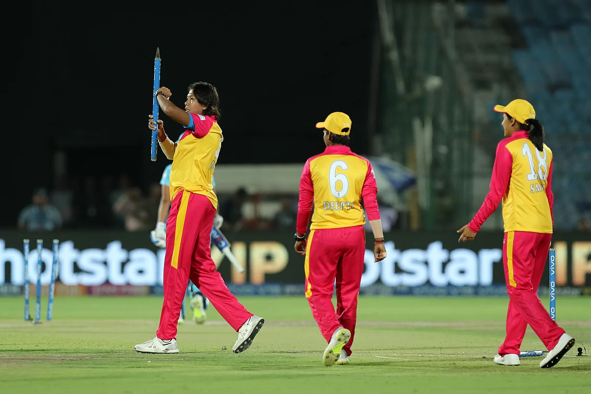 Traliblazers celebrates win during match 1 of the Women’s T20 Challenge, 2019 between the Supernovas and the Trailblazers held at the Sawai Mansingh Stadium in Jaipur on the 6th May 2019