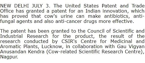 US  granted patents to Council of Scientific and Industrial Research for research on medicinal uses of cow urine. 