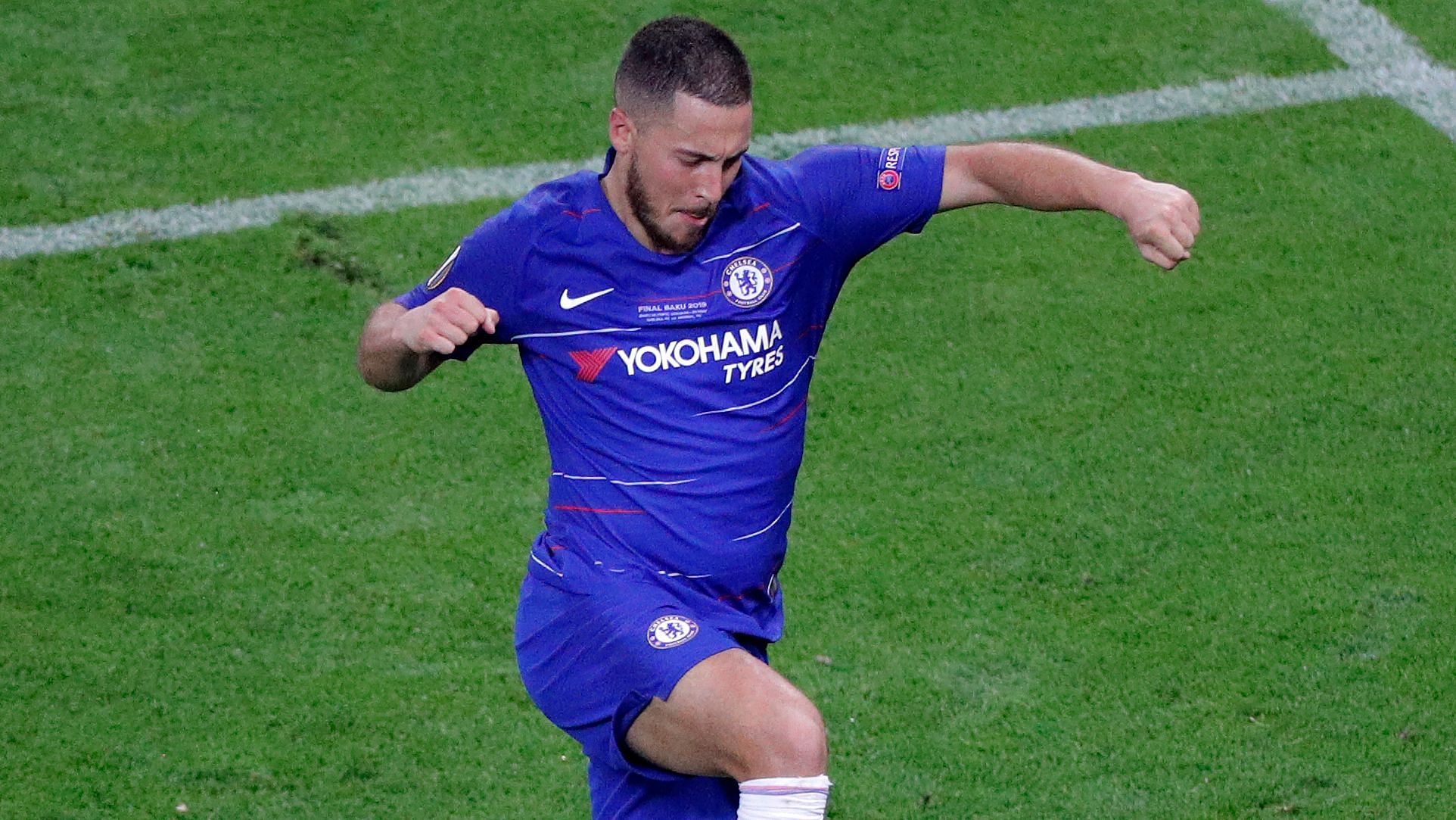 Chelsea’s Eden Hazard celebrates after scoring his team’s fourth goal during the Europa League Final  match between Chelsea and Arsenal at the Olympic stadium in Baku, Azerbaijan on Wednesday