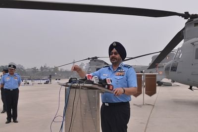 Chandigarh: Chief of the Air Staff, Air Chief Marshal B.S. Dhanoa talks to media persons during the induction ceremony of CH 47 F(I)- Chinook heavy lift helicopters into IAF inventory at Air Force Station in Chandigarh, on March 25, 2019. (Photo: IANS)