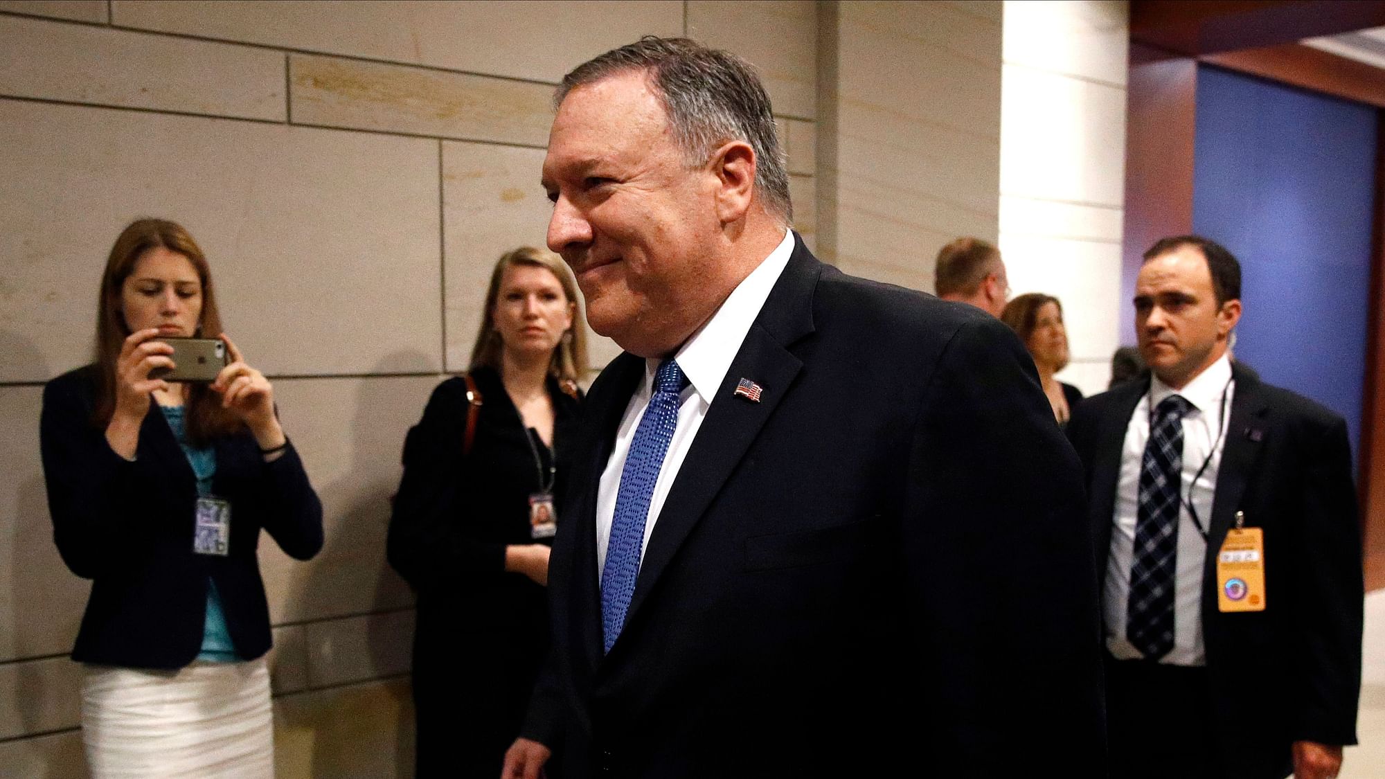 Secretary of State Mike Pompeo arrives at a classified briefing for members of Congress on Iran at Capitol Hill in Washington.