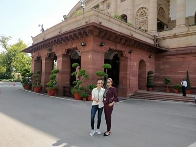 Actress-turned-politicians Mimi Chakraborty and Nusrat Jahan arrive at Parliament for the first time after getting elected in the recently concluded elections from the Trinamool Congress; on May 27, 2019. (Photo: Twitter/@mimichakraborty)