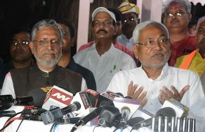 Patna: Bihar Chief Minister Nitish Kumar talks to press after the BJP-led NDA is set to retain power for another five years after making a sweep of the 2019 Lok Sabha battle and mauling the opposition; in Patna on May 23, 2019. Also seen Bihar Deputy Chief Minister Sushil Kumar Modi. (Photo: IANS)