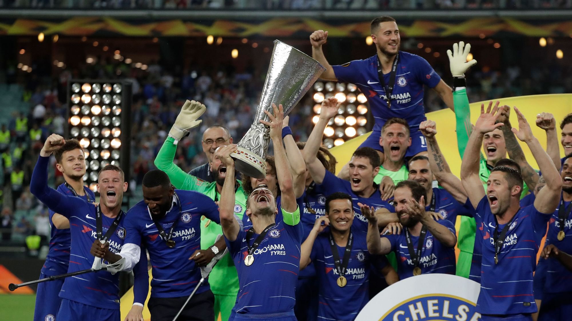 Hazard scored twice past his former teammate as Chelsea sliced through Arsenal in the second half of the Europa League final.