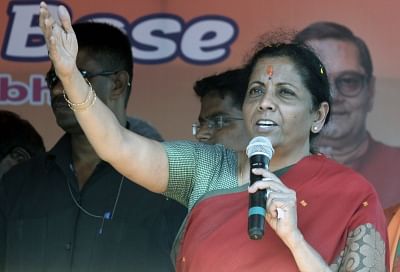 Kolkata: Defence Minister Nirmala Sitharaman addresses at an election campaign in support of BJP