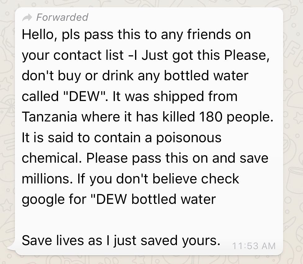 A WhatsApp forward claims that drinking bottled water from a brand named ‘Dew’ has killed almost 200 people.