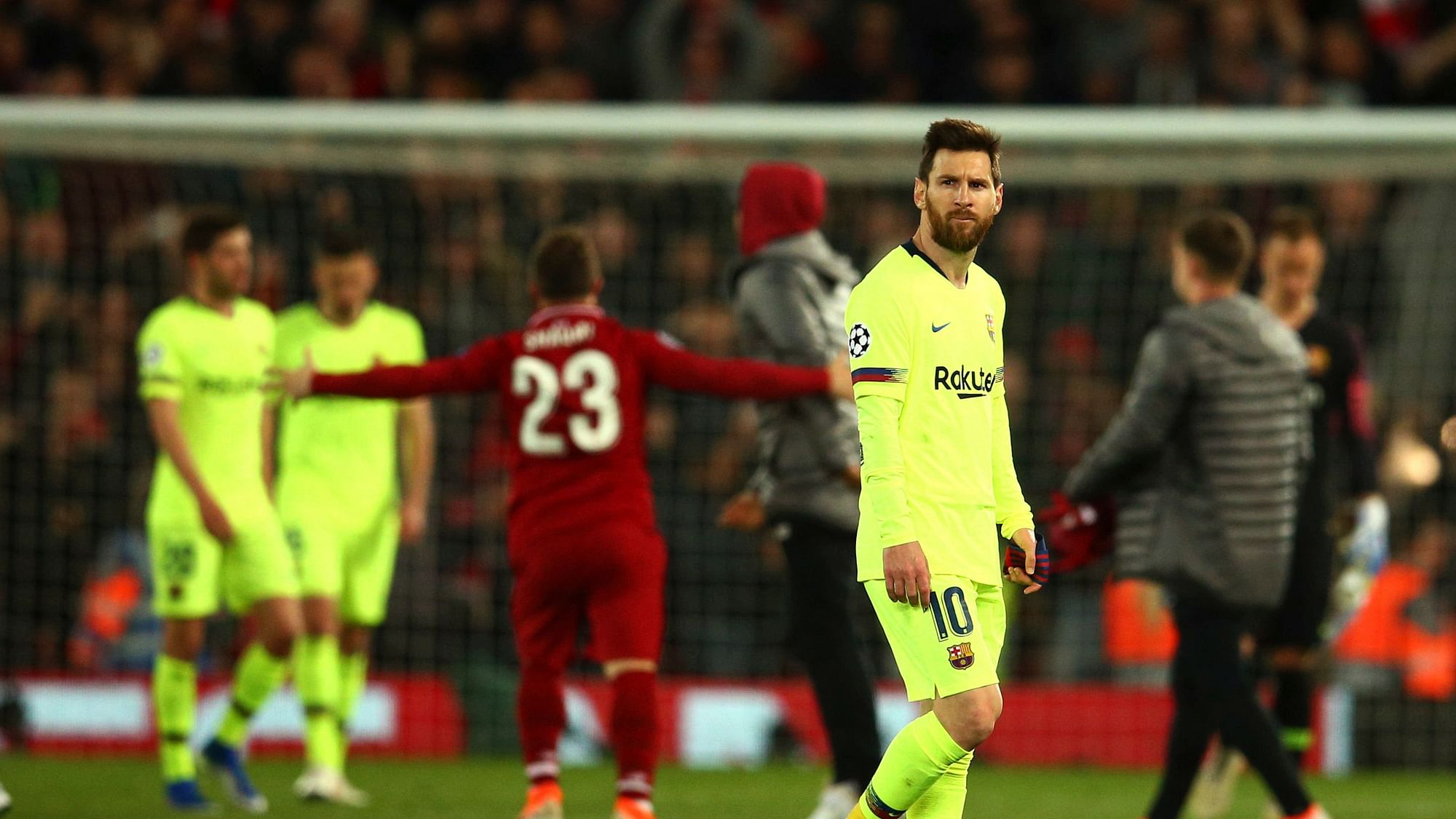 Barcelona’s Lionel Messi leaves the playing field after losing the Champions League semifinal, second leg, soccer match against Liverpool at the Anfield stadium in Liverpool, England, Tuesday, May 7, 2019.&nbsp;