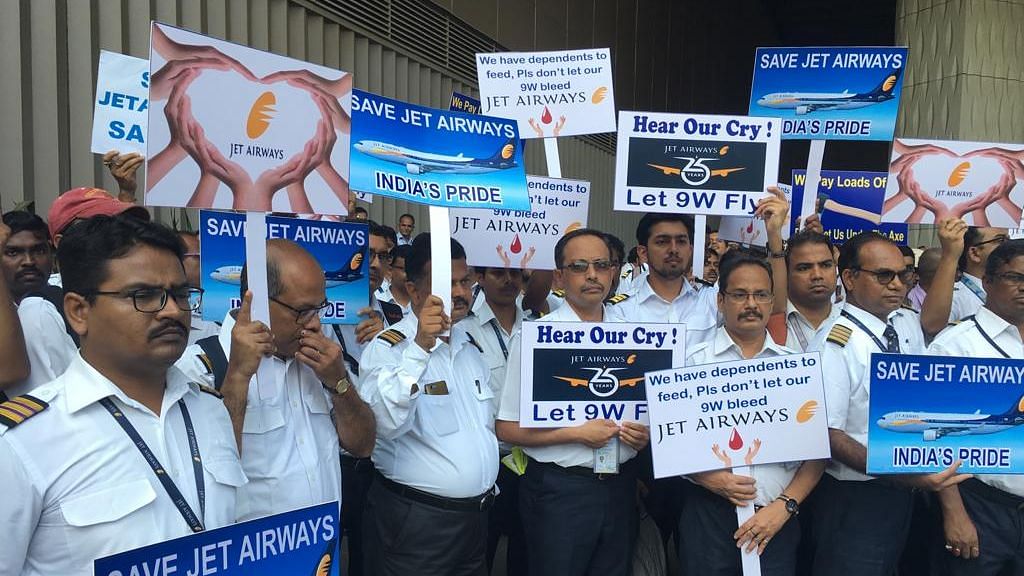 Pilots of Jet Airways in a protest in Mumbai.