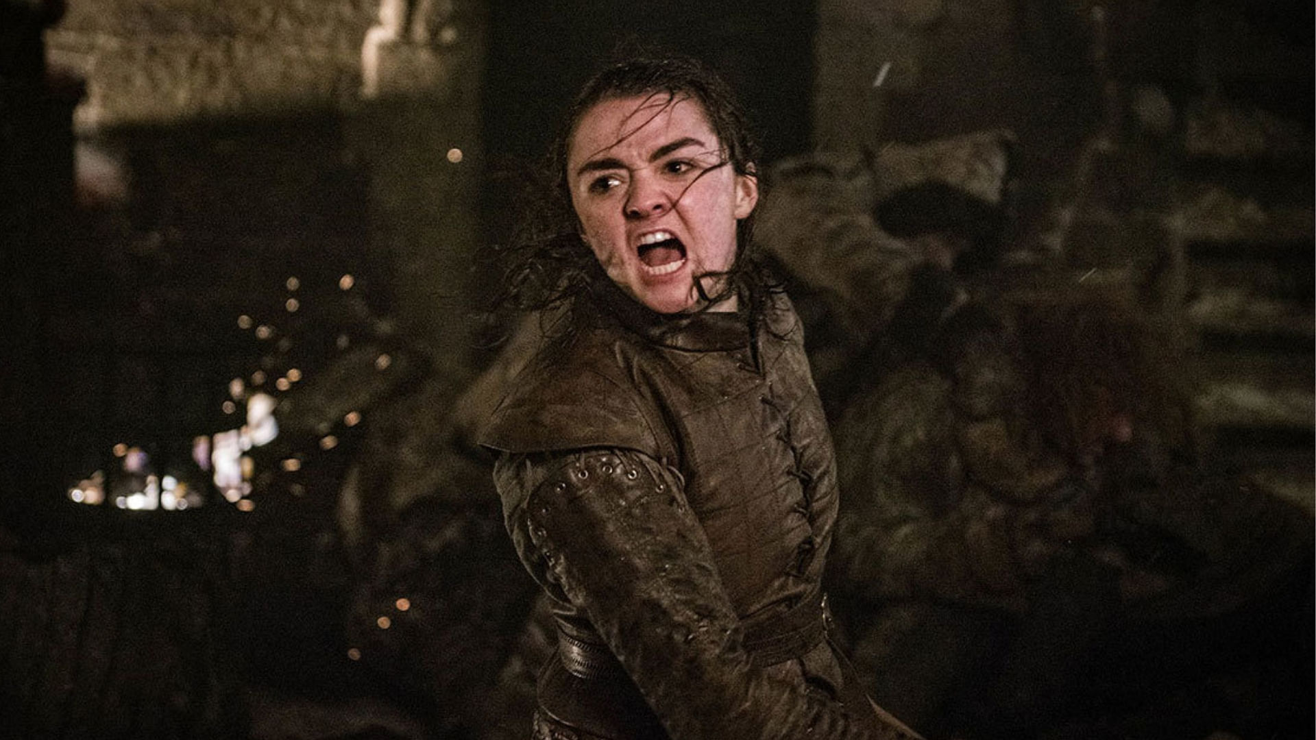 Maisie Williams as Arya Stark fighting it out in the Battle of Winterfell.