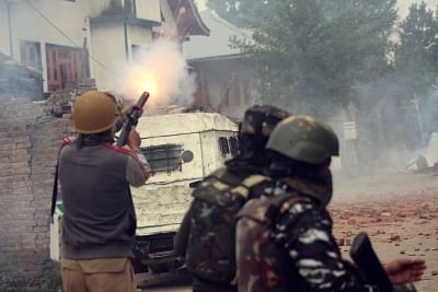 Pulwama: Soldiers in action at the site of the gun battle in which three Jaish-e-Muhammad (JeM) militants, including a top commander who masterminded the 2017 attack on a CRPF camp, a soldier and a civilian were killed in Dalipora village of Jammu and Kashmir