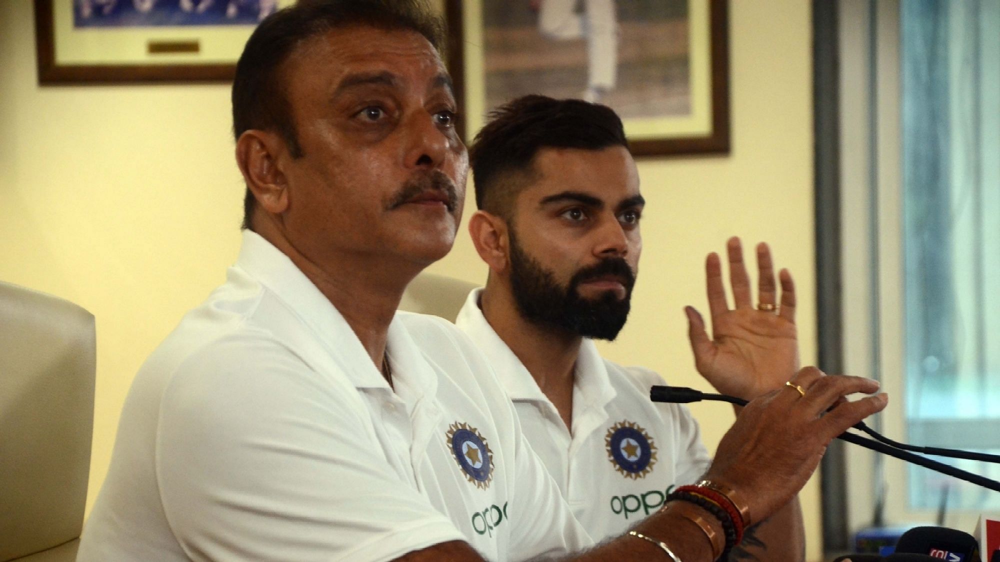 Indian cricket team’s head coach Ravi Shastri and skipper Virat Kohli address a press conference ahead of leaving for England to participate in the ICC Cricket World Cup 2019 on 21 May.