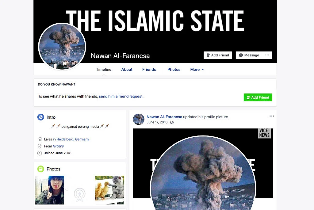 A banner reading “The Islamic State” is displayed on the Facebook page of a user identifying himself as Nawan Al-Farancsa. The page was live on 7 May 2019, when the screengrab was made. 