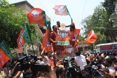 Bengaluru: BJP leader R. Ashok during celebrations after the counting trends for the 2019 Lok Sabha elections show that the party appeared set to retain power as its candidates led in most of the 542 Lok Sabha constituencies, in Bengaluru on May 23, 2019. (Photo: IANS)