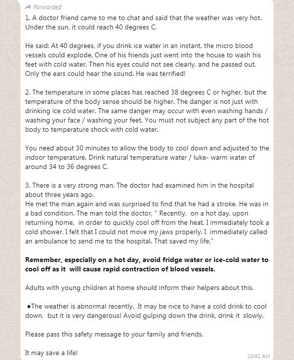 Drinking cold water as soon as you come indoors from the heat is  not advisable but it’s not dangerous say doctors.