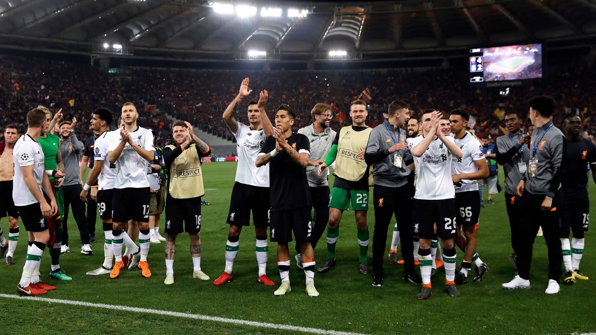 Liverpool players applaud the supporters at the end of the Champions League semifinal second leg soccer match between Roma and Liverpool at the Olympic Stadium in Rome, Wednesday, May 2, 2018.&nbsp;