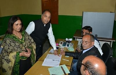 Mandi: A polling official administers indelible ink on the forefinger of Himachal Pradesh Chief Minister Jai Ram Thakur during the seventh and the last phase of 2019 Lok Sabha Elections at a polling booth in Mandi on May 19, 2019. (Photo: IANS)