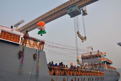 Kolkata: Indian Navy`s seventh `Landing Craft Utility` at Garden Reach Shipbuilders & Engineers (GRSE) dock in Kolkata, on Nov 24, 2016. (Photo: Kuntal Chakrabarty/IANS)