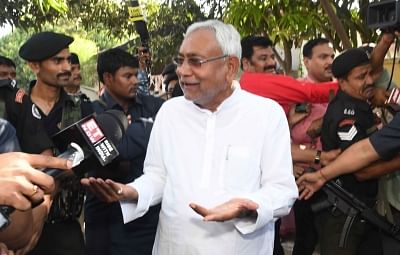 Patna: Bihar Chief Minister Nitish Kumar talks to press after casting vote during the seventh and the last phase of 2019 Lok Sabha Elections at a polling booth in Patna on May 19, 2019. (Photo: IANS)