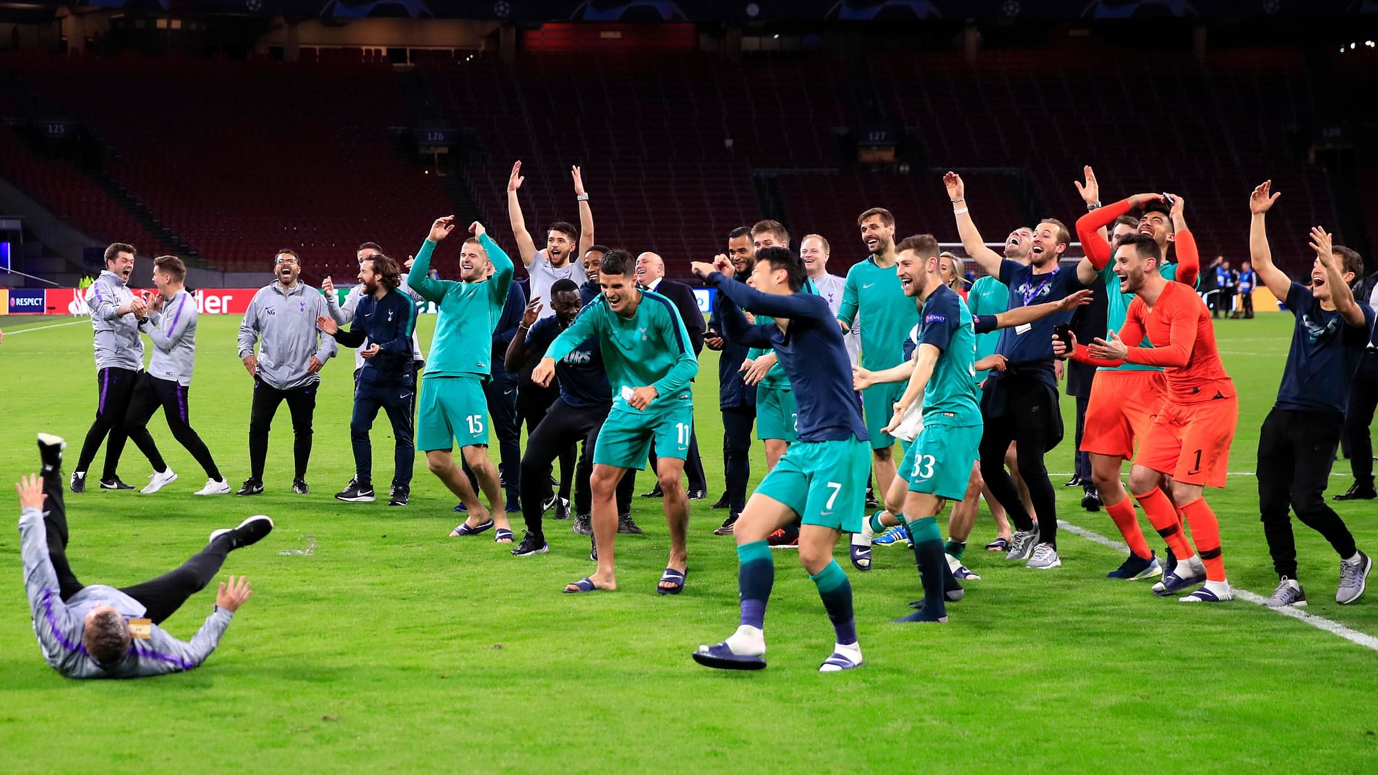 Tottenham Hotspur players celebrate their victory in the Champions League Semi-final against Ajax.