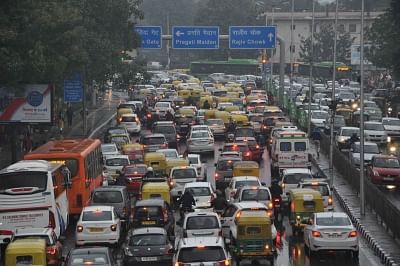New Delhi: A view of traffic jam after rains lashed New Delhi on Feb 7, 2019. (Photo: IANS)