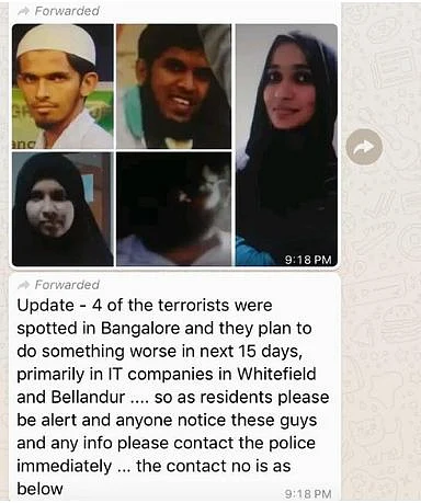 The message claims that four terrorists were found in Bengaluru.