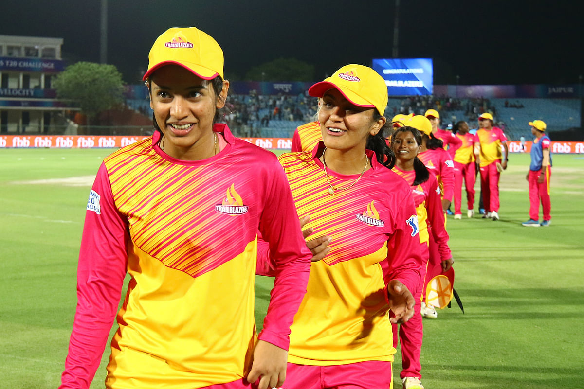 Trailblazers celebrate after winning match 1 of the Women’s T20 Challenge, 2019 between the Supernovas and the Trailblazers held at the Sawai Mansingh Stadium in Jaipur on the 6th May 2019