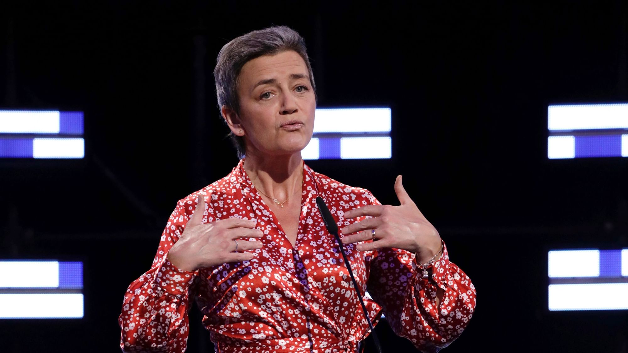 Candidate to the presidency of the European Commission, Denmark’s Margrethe Vestager, steps onto the stage at the European Parliament.