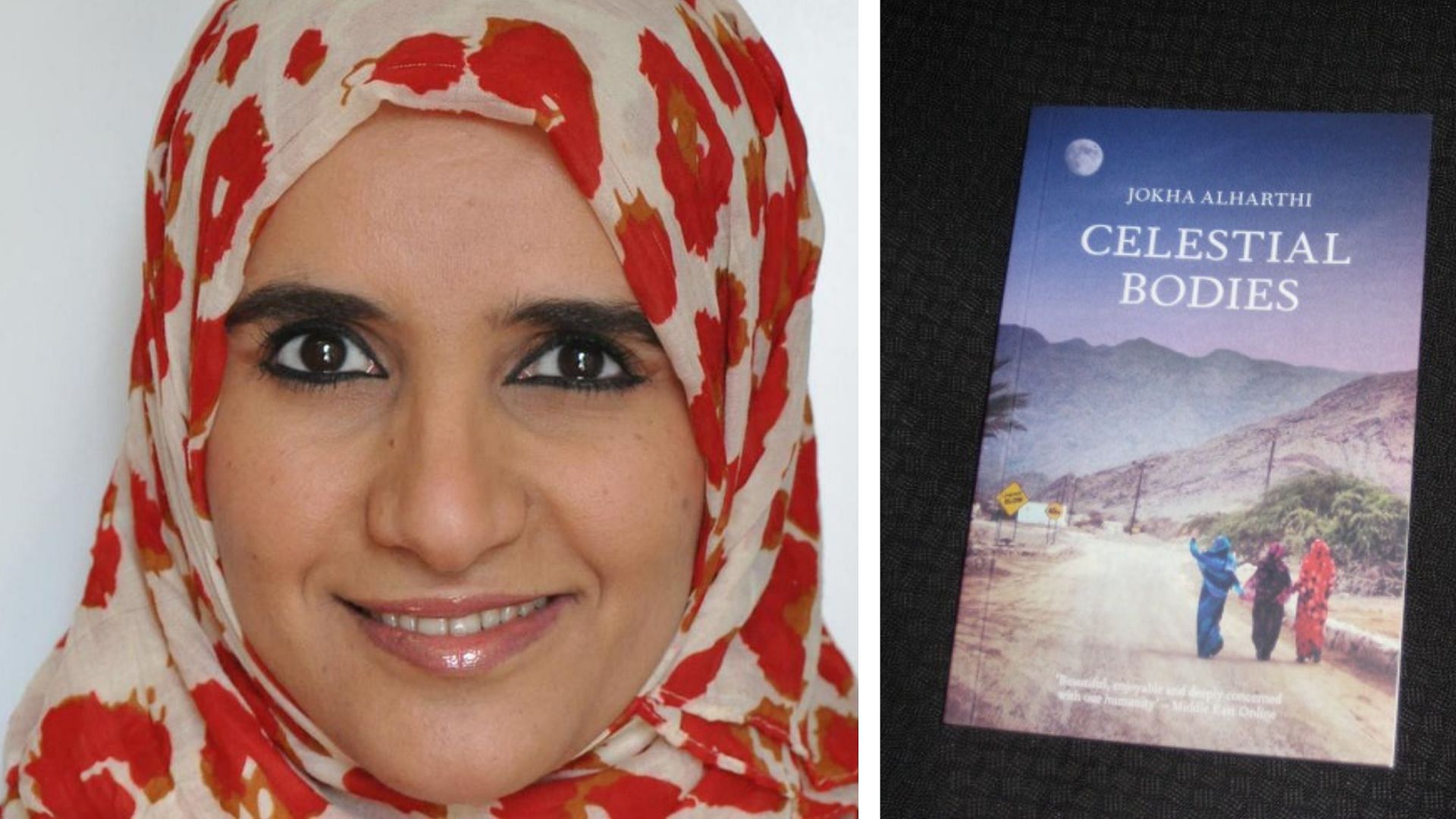 Jokha al-Harthi and her book <i>Celestial Bodies.</i>