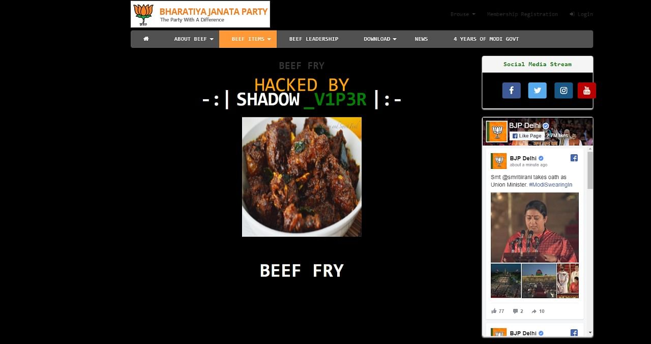 Beef items showing up on the unsecure Delhi BJP website.&nbsp;