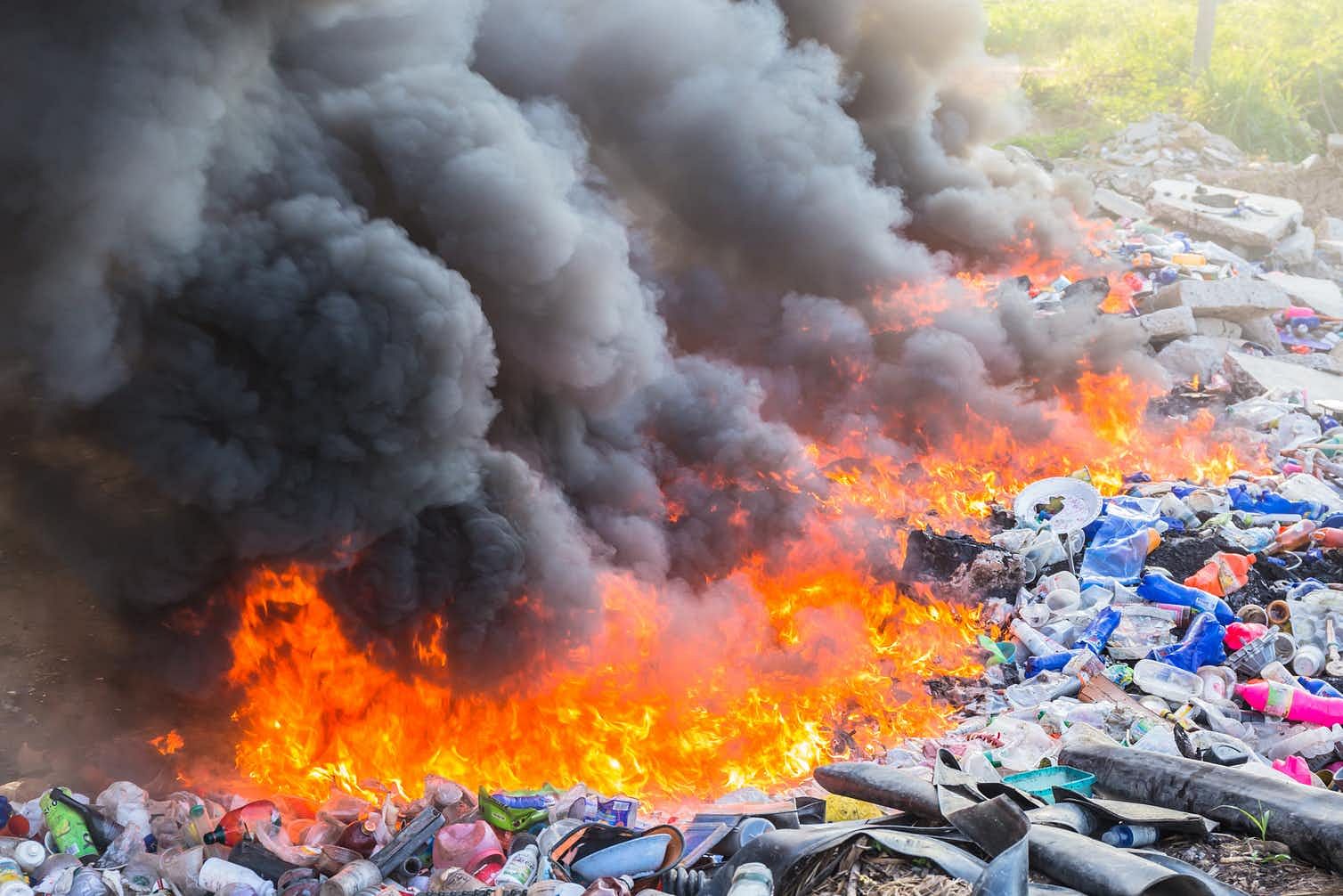 Ignition of trapped methane pockets in landfills can set off massive fires, releasing the carbon stored in plastic.