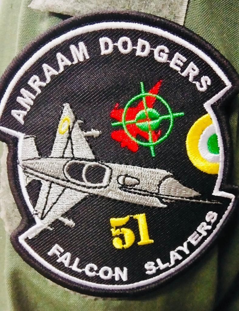 The new patch showcases text reading AMRAAM DODGERS and Falcon Slayers, indicating AMRAAM missiles dodged the IAF.
